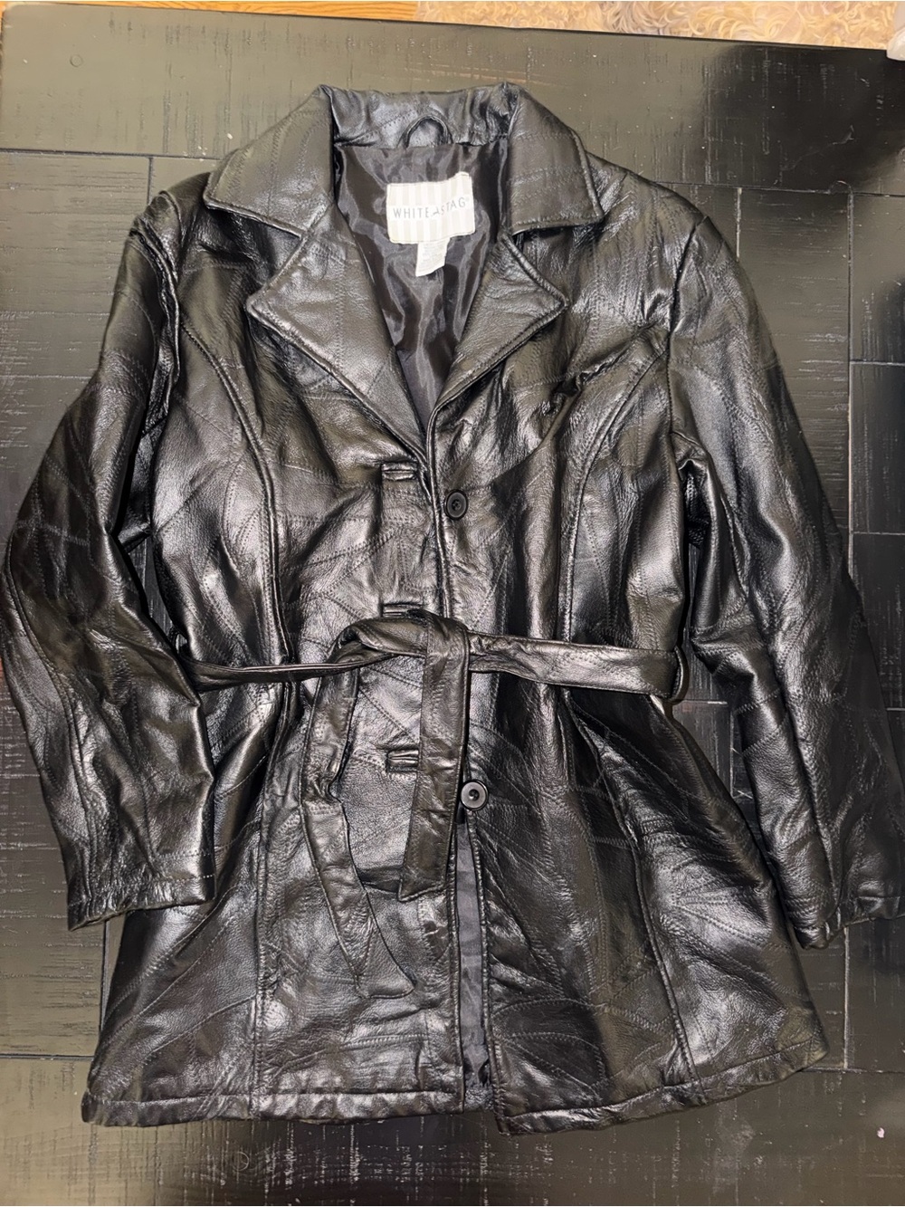 Vintage White Stag Black Leather Women’s Belted Jacket patch work